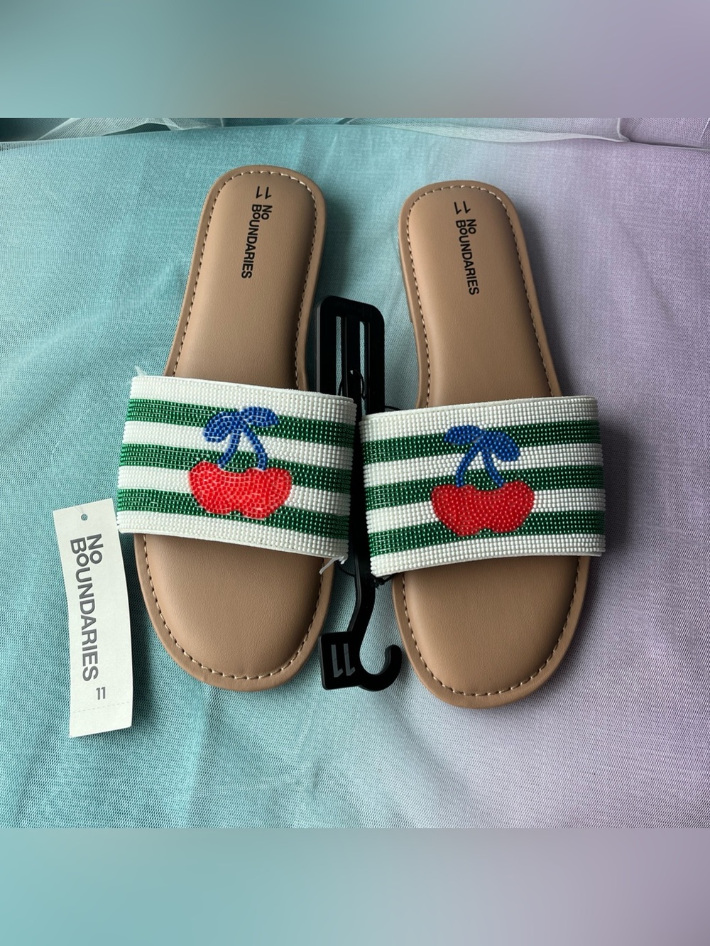 No Boundaries Women’s Slide Sandals Striped Beaded Cherrys Green/White US SZ 11